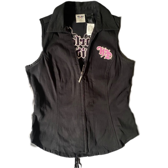 Harley-Davidson Y2K Zip-Up Corset Lace Vest Rhinestone Embroidered Pink Black- S - Picture 2 of 11